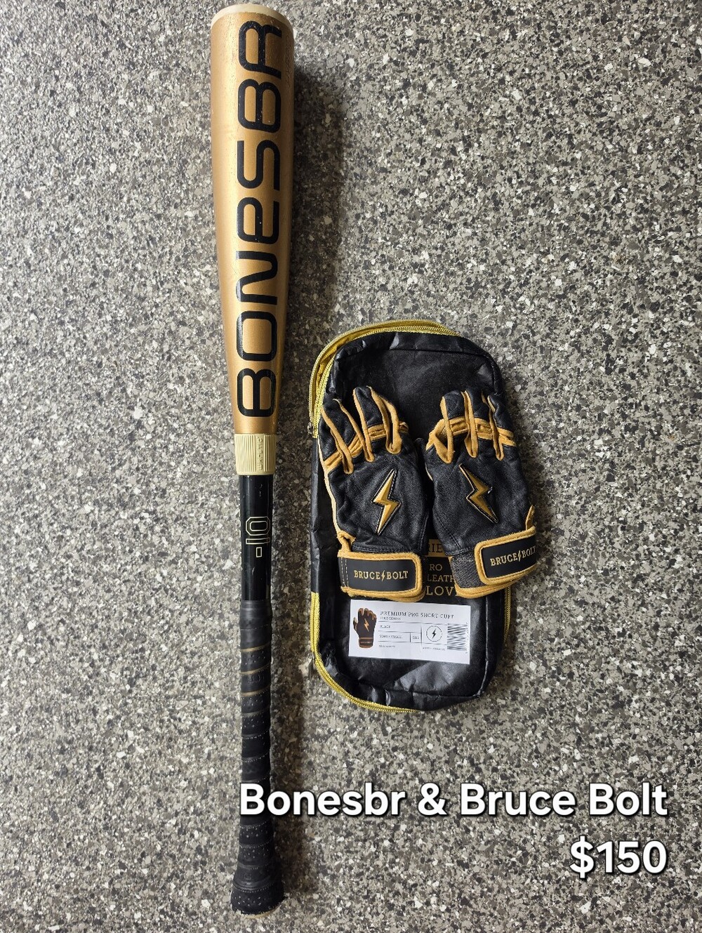 Bonesaber Hybrid 29/19 Drop 10 Bat + Bruce Bolt Gold Series Youth Small Gloves